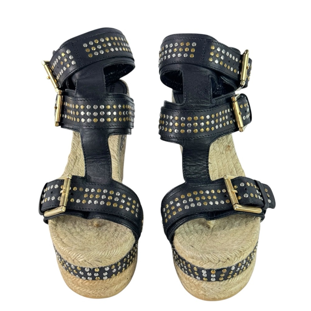 ALEXANDER MCQUEEN Black Leather Studded Wedge Espadrilles Made in Italy 35-5US